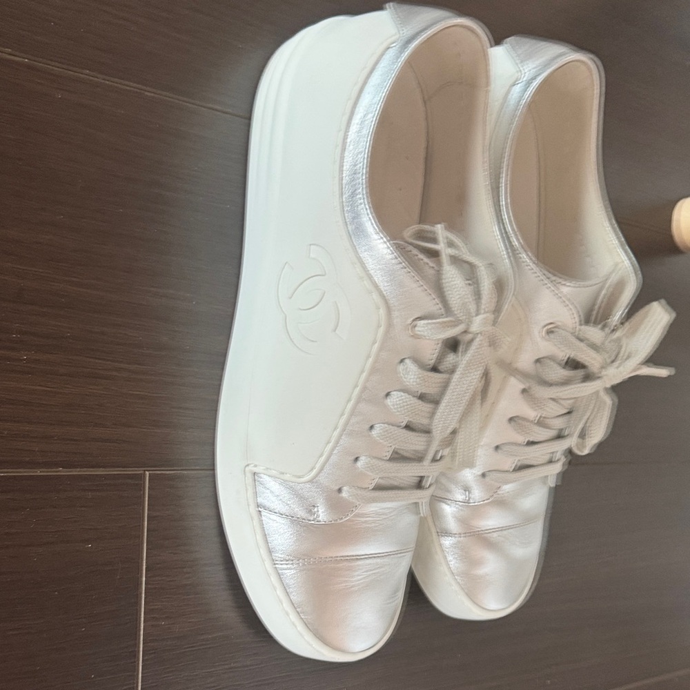 CHANEL White and Silver Logo Sneakers - Picture 8 of 10